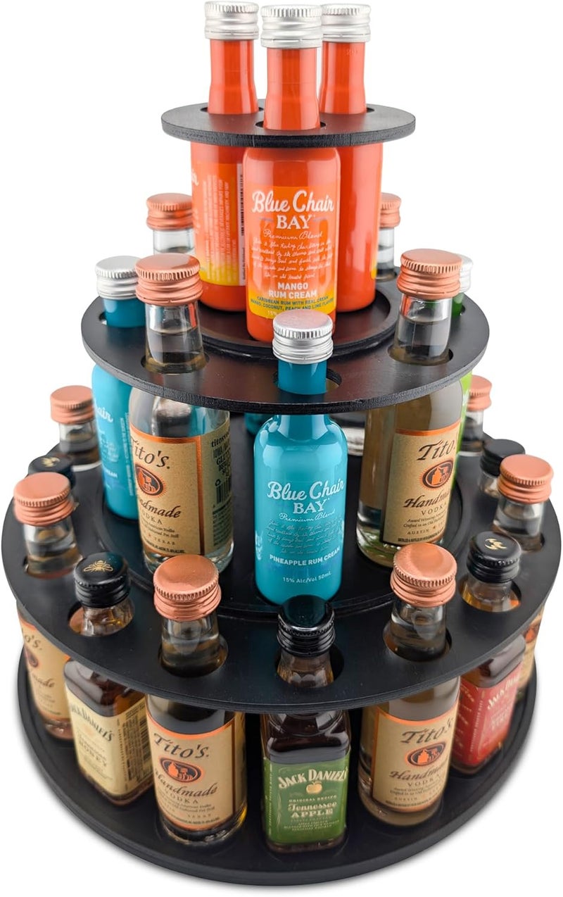 Shot Cake Party Display for Mini Liquor Bottles | 21st Birthday Holiday Celebration Decoration Centerpiece (Three Tier, Black) - Image 1